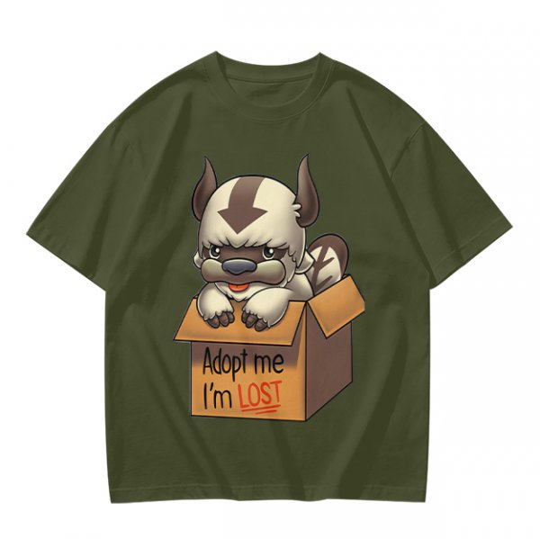Olive t-shirt with Appa in a box that says Adopt me I'm Lost