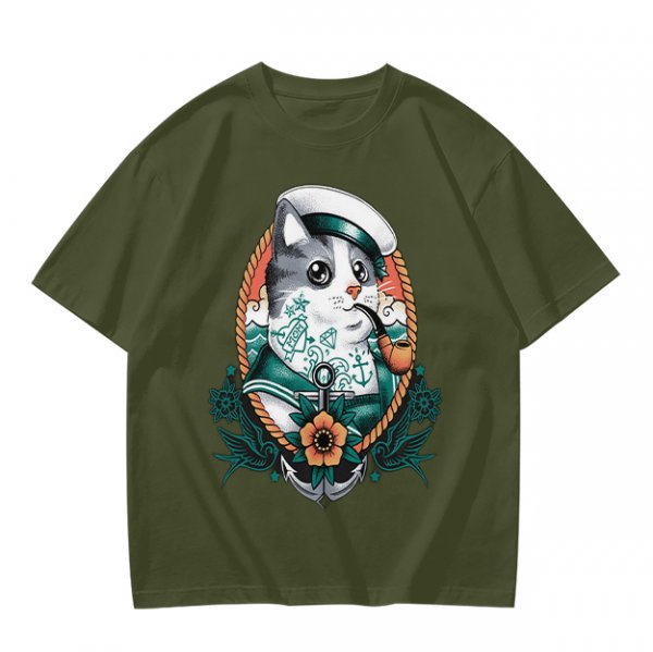 Olive T-Shirt With Sailor Cat Tattooed Pipe Design