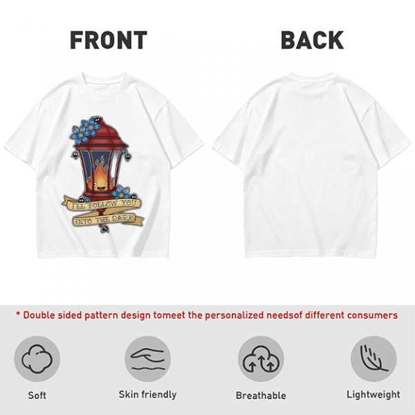 Olive t-shirt with lantern flame graphic and 'I'll follow you into the dark' text