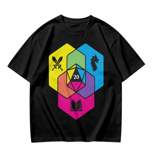 Olive T-Shirt With D20 And Fantasy RPG Themed Hexagon Art