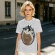 Olive T-shirt with a terrified gingerbread man and flying birds graphic
