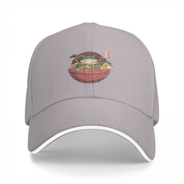 Black baseball cap with frog in ramen bowl graphic