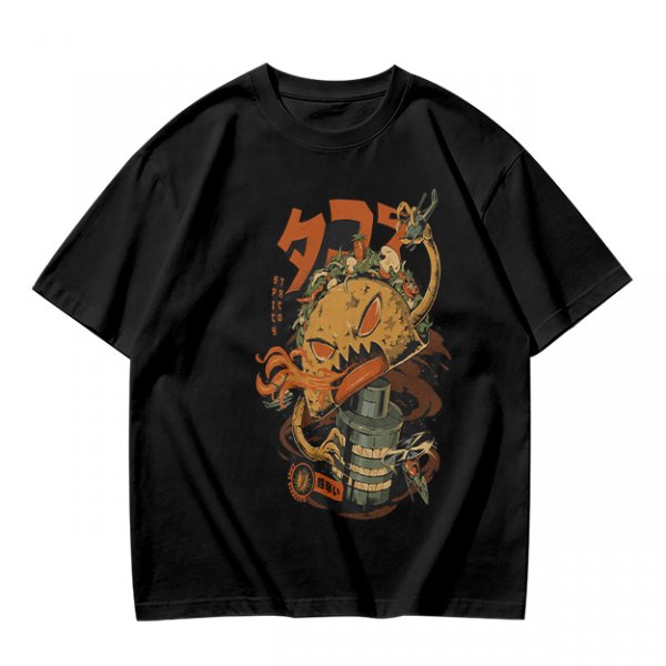 Olive T-shirt with Monster Burger and Japanese Graphic Print