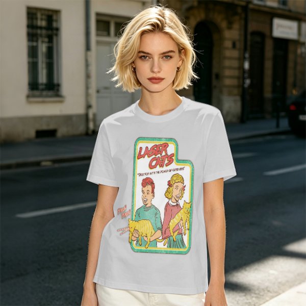 Olive graphic tee with Laser Cats retro comic print of kids holding laser cats