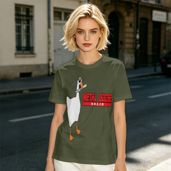 Olive T-Shirt With Metal Goose Solid Parody Graphic Print