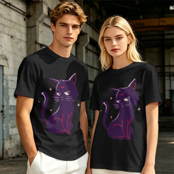Olive T-Shirt with Sassy Black Cat and Crescent Moon Graphic