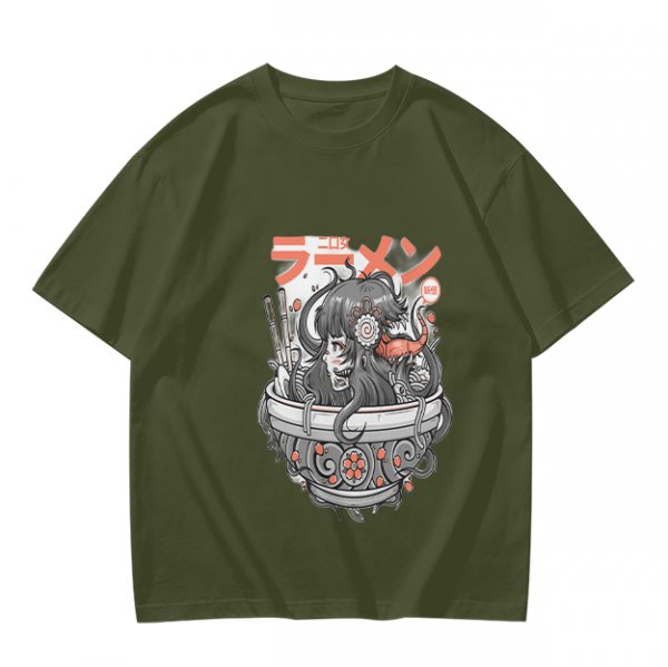 Olive Green T-Shirt with Japanese Ramen Themed Anime Art Print
