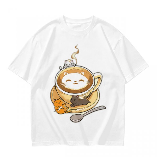 Olive Green T-Shirt With Cute Cat Latte Art And Kittens Print