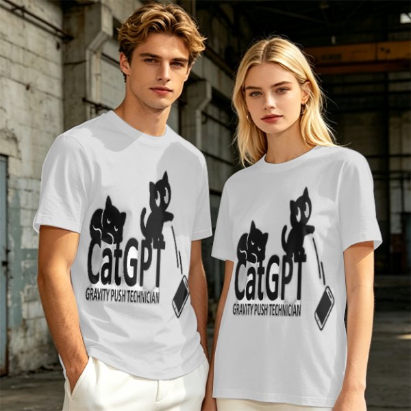 Olive green graphic t-shirt with CatGPT and mischievous cat prints