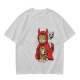 Olive T-shirt with a tabby cat in a devil hood and skull cat graphic