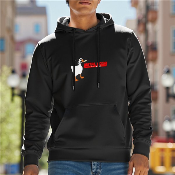 Black hoodie with a goose graphic and red text design