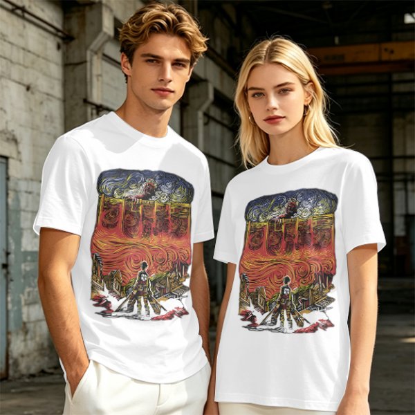 Olive T-shirt with Artistic Swirling Scene Print Featuring a Silhouetted Figure