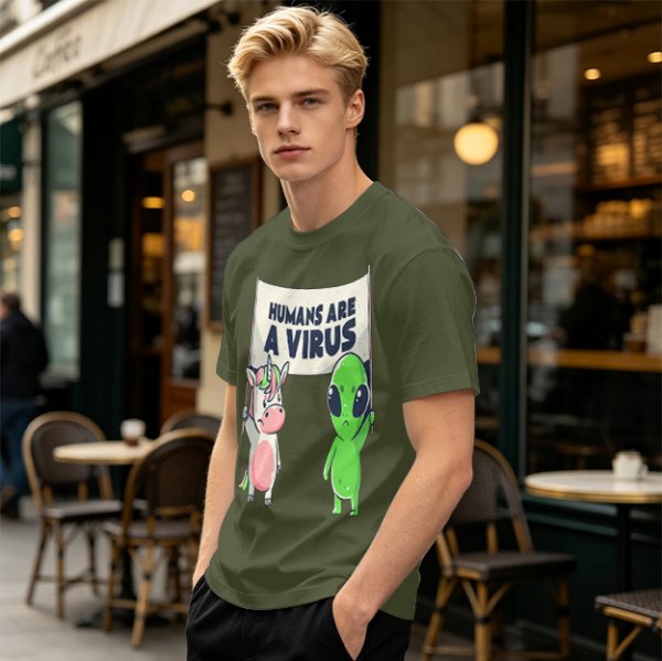 Olive T-shirt with Unicorn and Alien Holding 'Humans Are A Virus' Sign