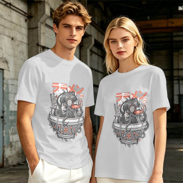 Olive Green T-Shirt with Japanese Ramen Themed Anime Art Print