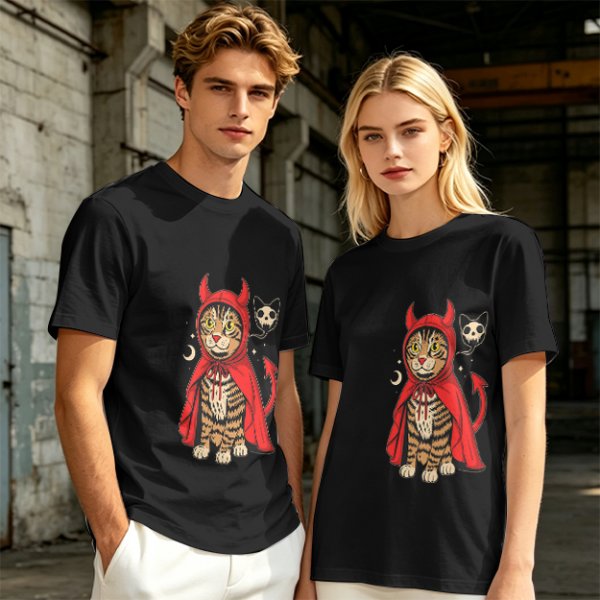 Olive T-shirt with a tabby cat in a devil hood and skull cat graphic