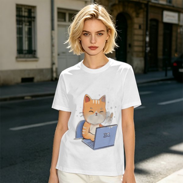 Olive T-Shirt With Cute Orange Cat Working On Laptop Print