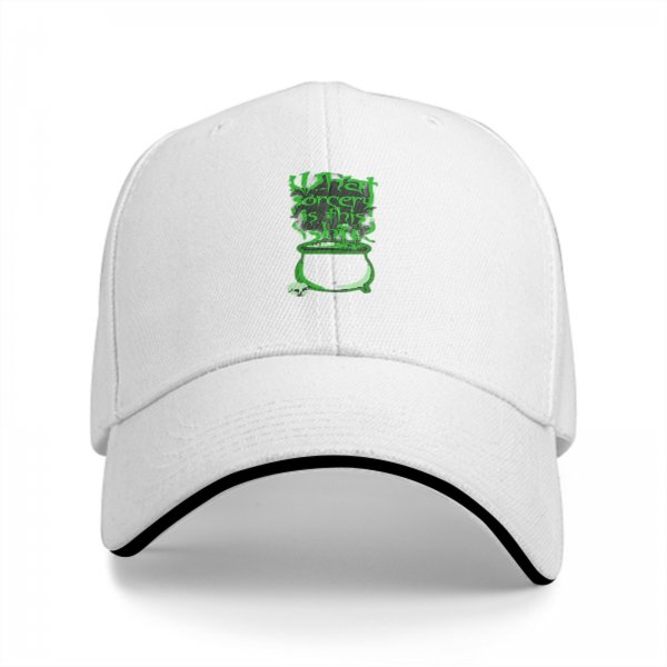 Black baseball cap with green 'What sorcery is this' cauldron graphic