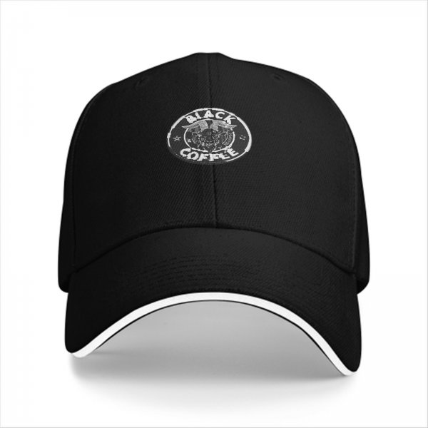 Black Coffee Logo Black Baseball Cap With White Brim Trim