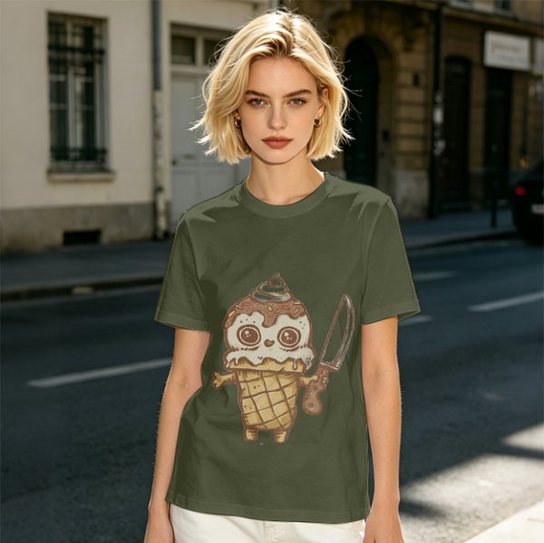 Olive T-Shirt With Cute Ice Cream Cone Holding Knife Print