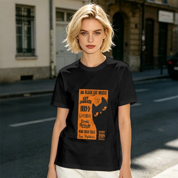 Olive T-Shirt with Cat-Themed Rock Band Concert Poster Print
