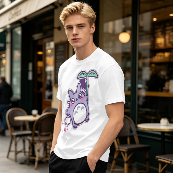 Olive T-Shirt With Cute Chibi Totoro Holding Leaf Print