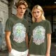 Olive Green Graphic T-Shirt With Whimsical Plant Creature And Floral Print