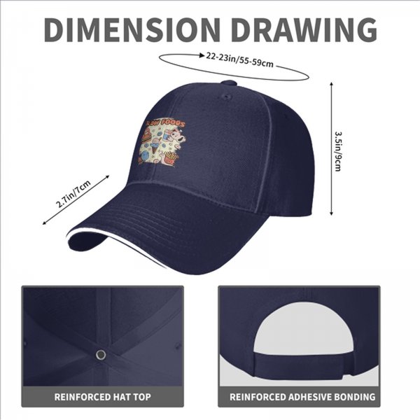 Black baseball cap with cute slow foods themed cartoon print