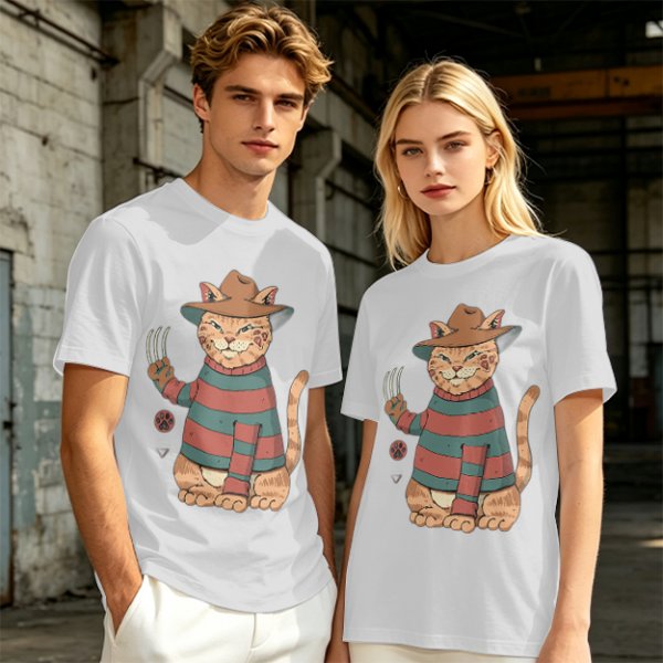 Olive T-Shirt With Freddy Krueger Themed Cat Graphic