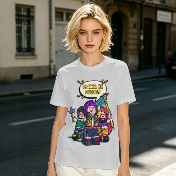 Olive T-shirt with Lego-style characters and 'Gonna Be Golden' print
