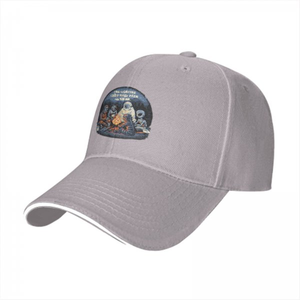 Black baseball cap with cryptid alien campfire graphic design