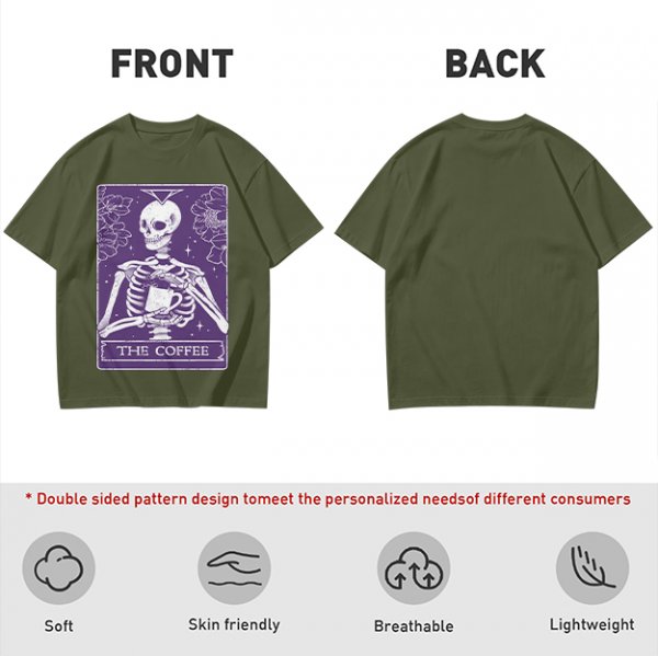 Olive T-Shirt With Skeleton Tarot Card 'The Coffee' Print