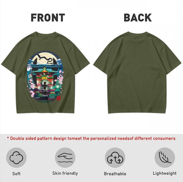 Spirited Away Bathhouse Graphic Tee with No Face and Dragon Art