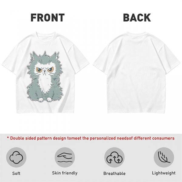 Olive T-shirt with Grumpy Fluffy Gray Cat Graphic Print