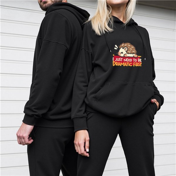 Black hoodie with dramatic hedgehog graphic and funny text
