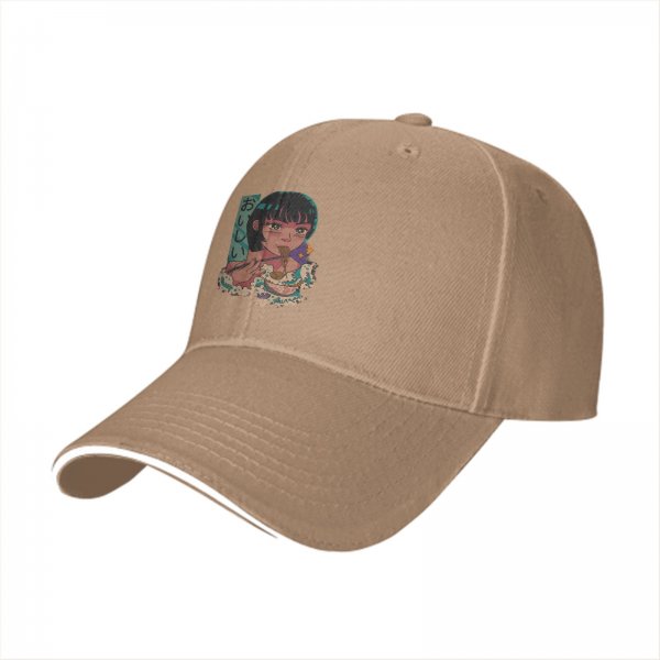 Black baseball cap with anime girl eating ramen graphic