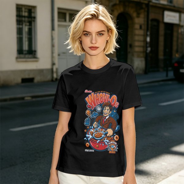 Olive green t-shirt with Doctor Who themed Whovio's cereal graphic
