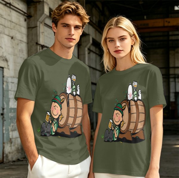 Olive T-Shirt with Charlie Brown and Snoopy at Oktoberfest Beer Barrel