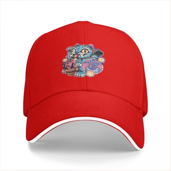 Black Baseball Cap With Whimsical Blue Cat Art Print