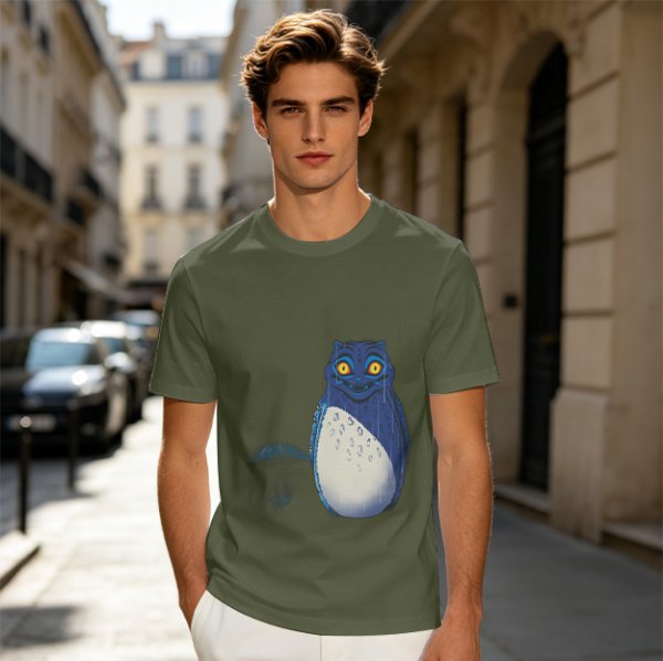 Olive T-Shirt With Blue Whimsical Creature Graphic Print