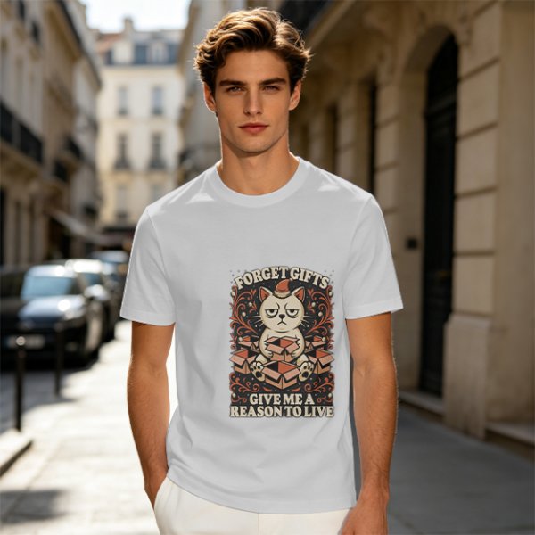 Olive t-shirt with grumpy cat holding boxes and text 'Forget Gifts Give Me A Reason To Live'