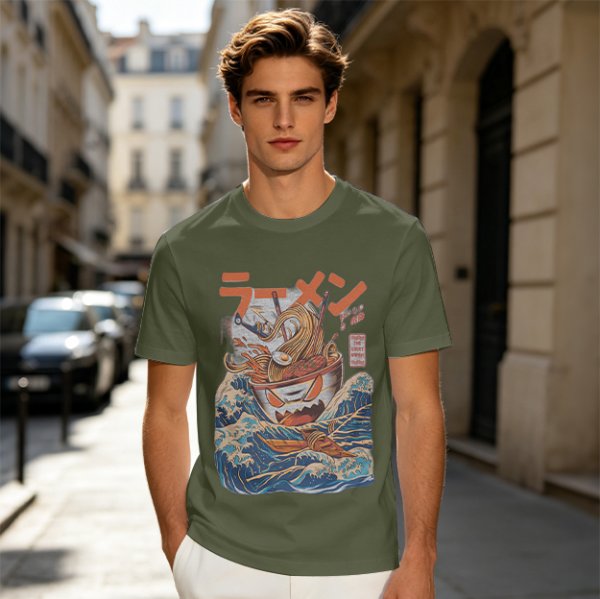 Olive T-Shirt With Great Wave Inspired Monster Ramen Bowl Art