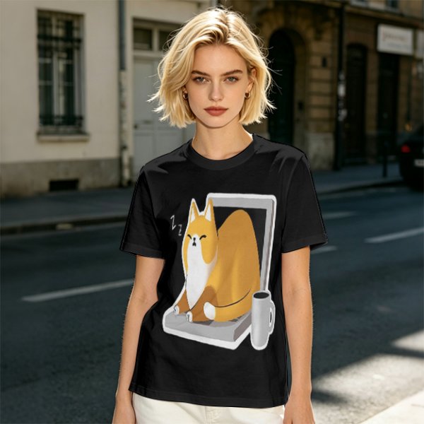 Olive T-Shirt with a Sleeping Cat on a Laptop Print