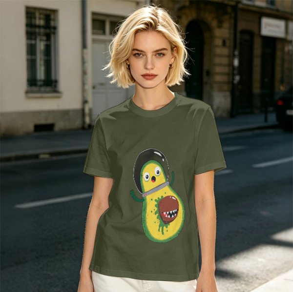 Olive T-Shirt With Astronaut Avocado Monster Print
