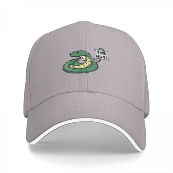 Black baseball cap with a snake holding a FREE HUGS sign and a mouse