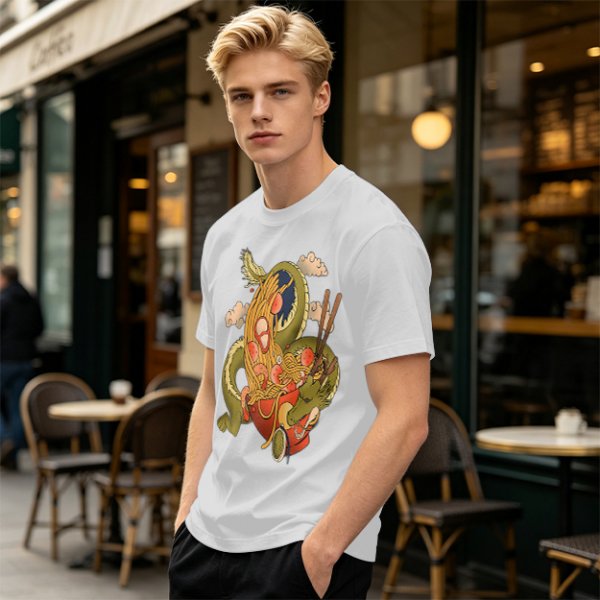 Olive T-Shirt With Japanese Ramen Dragon Artwork