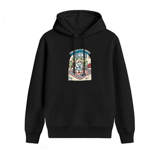 Black hoodie with cartoon cat vacuuming and 'Cleaning is my cardio' print