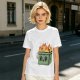 Olive green t-shirt with a cartoon burning box graphic