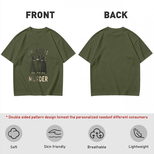 Olive t-shirt with first degree murder crow graduates graphic