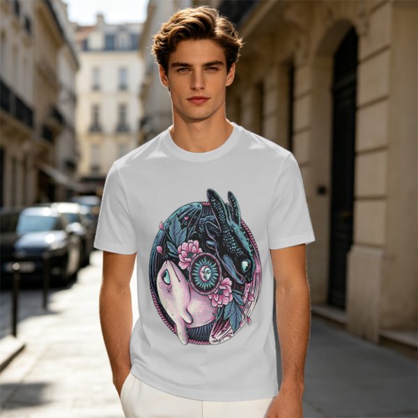 Olive T-Shirt with Yin Yang Dragon Floral Sun Moon Art