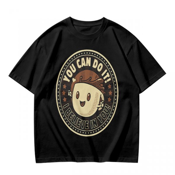 Olive green t-shirt with encouraging coffee character graphic and motivational text